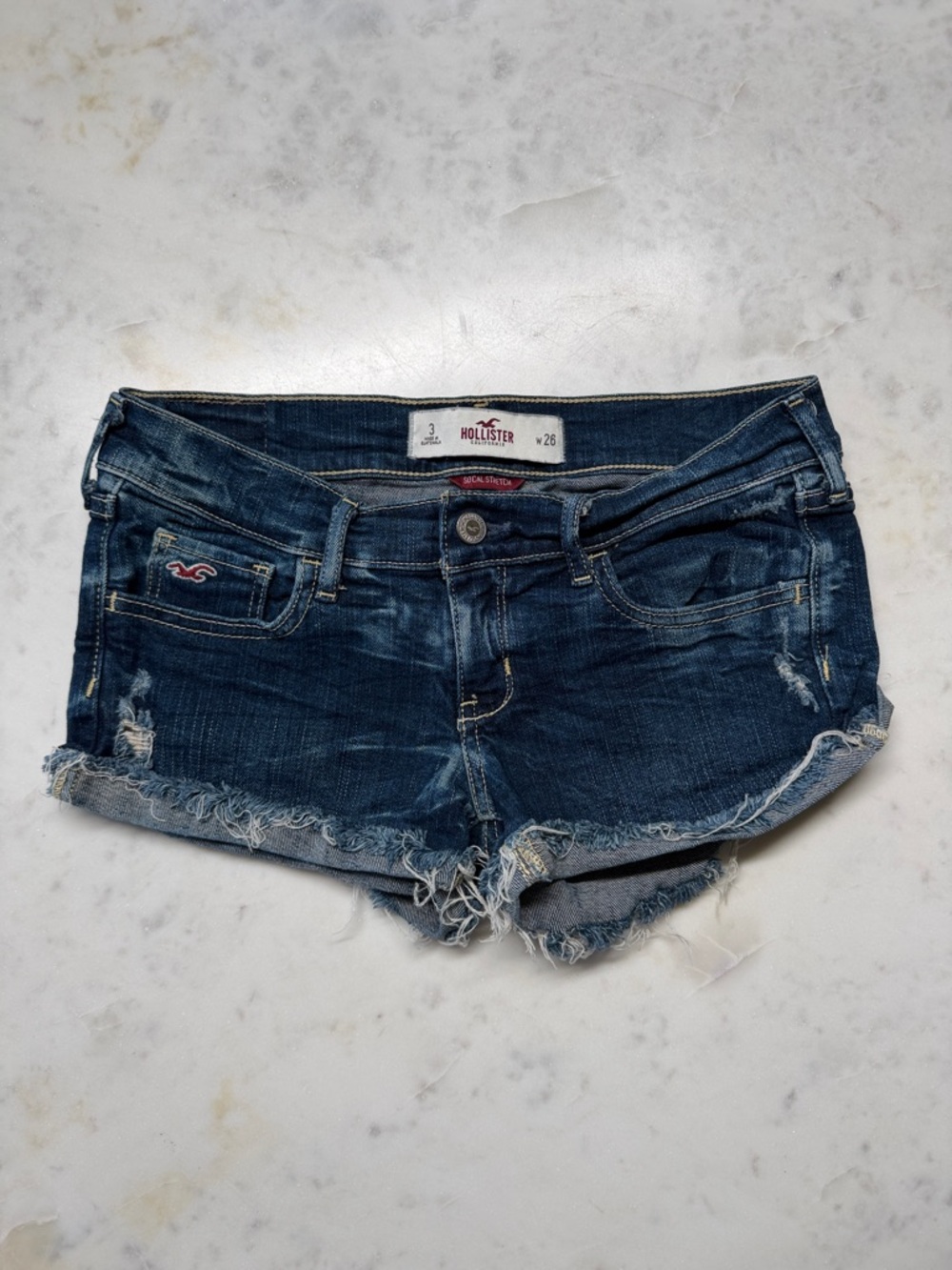 Hollister Women's Dark Indigo Distressed Denim Cutoff Shorts